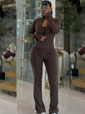 Cardigan zipper small stand up collar jacket sports jumpsuit wide leg pants sports suit