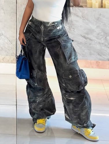 Cut and wash white straight tube loose multi pocket camouflage pants