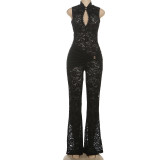 Lace patchwork sleeveless high waisted slightly flared jumpsuit