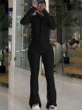 Cardigan zipper small stand up collar jacket sports jumpsuit wide leg pants sports suit