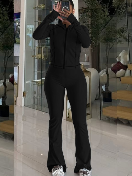 Cardigan zipper small stand up collar jacket sports jumpsuit wide leg pants sports suit