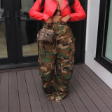 Cut and wash white straight tube loose multi pocket camouflage pants