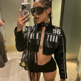 Short zipper leather jacket with printed patchwork jacket