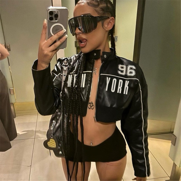 Short zipper leather jacket with printed patchwork jacket