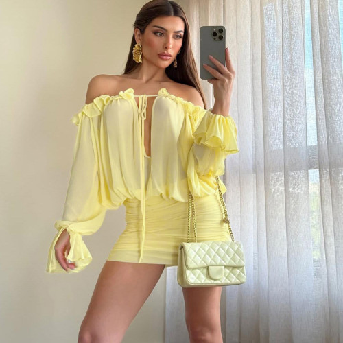 One shoulder hollowed out lace up dress with wrapped buttocks