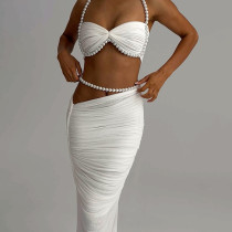 Pearl decoration with exposed navel, chest wrapped, low waist wrapped, buttocks wrapped long skirt set