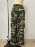Cut and wash white straight tube loose multi pocket camouflage pants