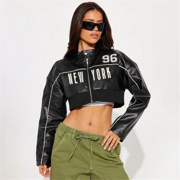 Short zipper leather jacket with printed patchwork jacket