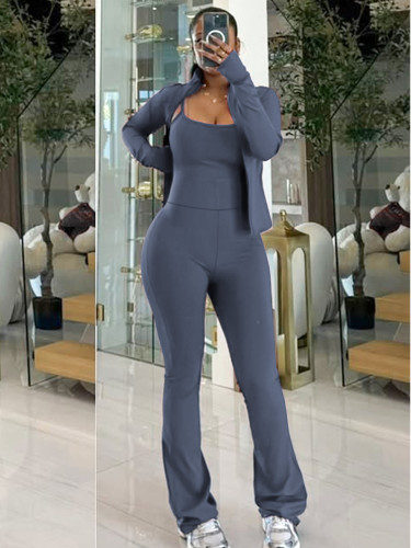 Cardigan zipper small stand up collar jacket sports jumpsuit wide leg pants sports suit