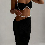 Pearl decoration with exposed navel, chest wrapped, low waist wrapped, buttocks wrapped long skirt set