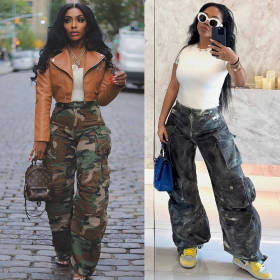 Cut and wash white straight tube loose multi pocket camouflage pants