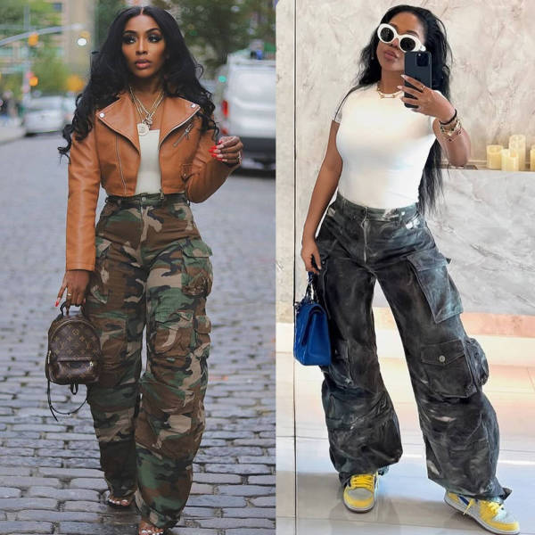 Cut and wash white straight tube loose multi pocket camouflage pants