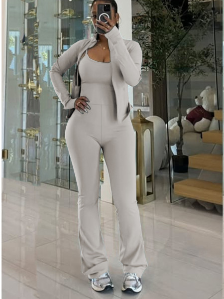 Cardigan zipper small stand up collar jacket sports jumpsuit wide leg pants sports suit