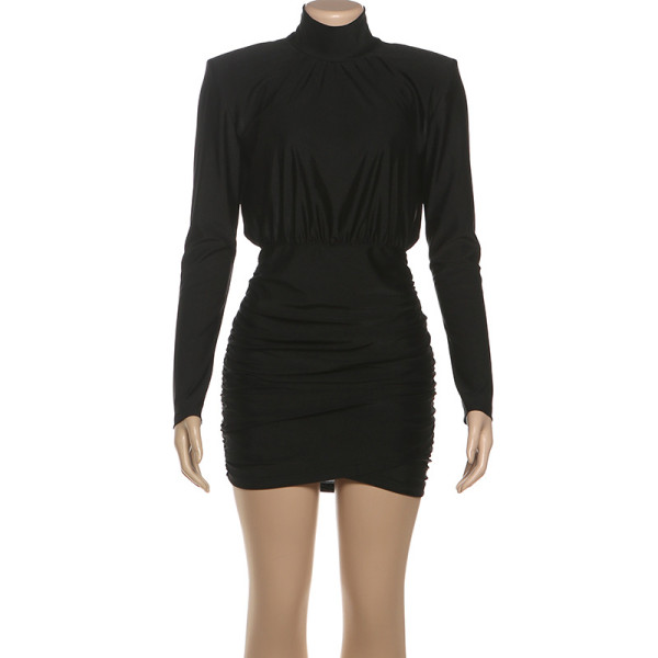 High neck long sleeved hip hugging short skirt solid color dress