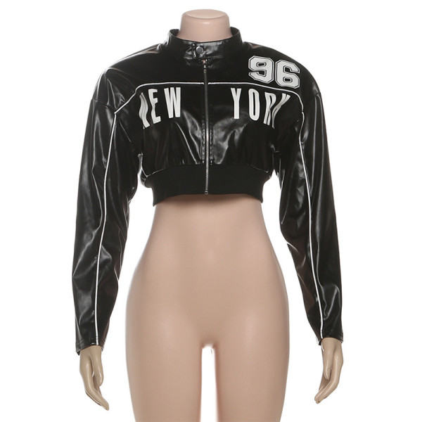 Short zipper leather jacket with printed patchwork jacket