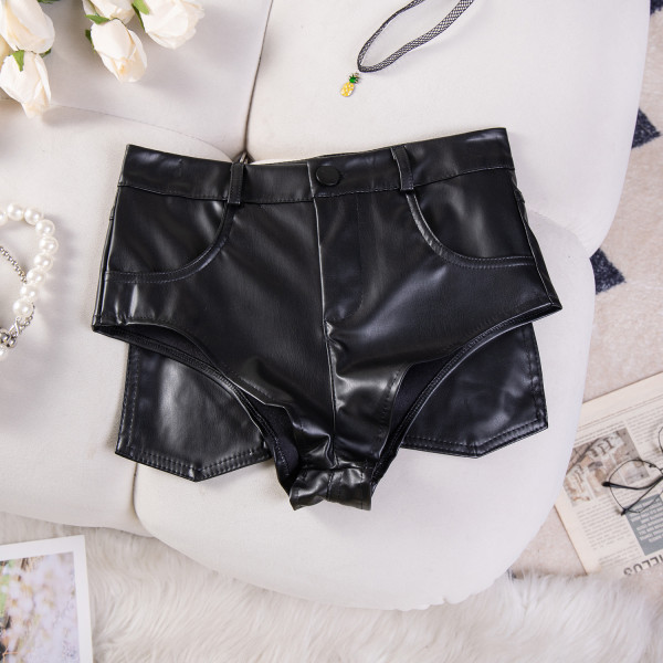 High-waisted elastic shorts faux leather pants