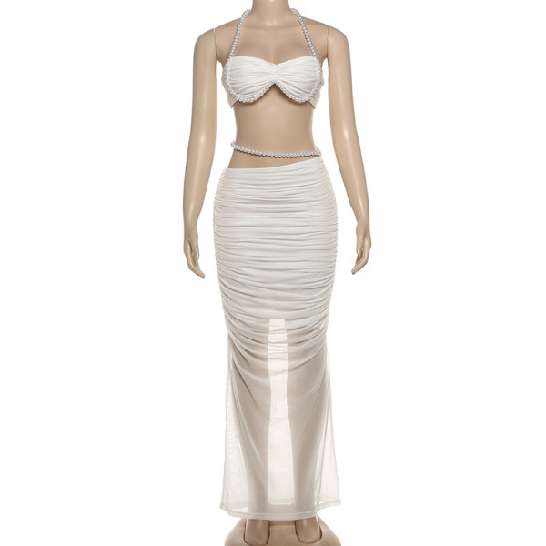 Pearl decoration with exposed navel, chest wrapped, low waist wrapped, buttocks wrapped long skirt set