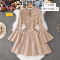 Horn sleeve knitted dress with hollow waist and pleated skirt