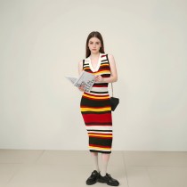 Polo collar hanging neck backless rainbow striped dress sleeveless knitted vest skirt