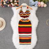 Polo collar hanging neck backless rainbow striped dress sleeveless knitted vest skirt