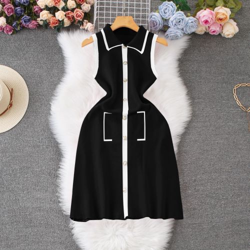 Polo collar sleeveless button decoration knit vest dress