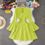 Horn sleeve knitted dress with hollow waist and pleated skirt