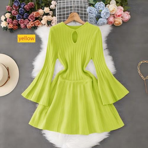 Horn sleeve knitted dress with hollow waist and pleated skirt