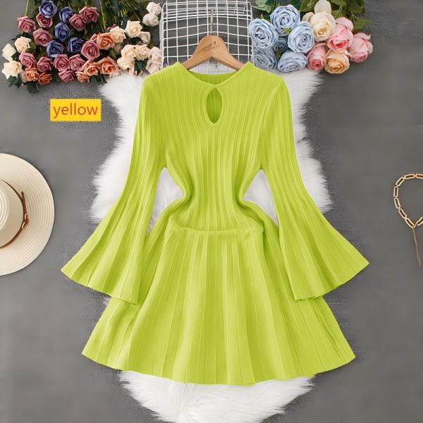 Horn sleeve knitted dress with hollow waist and pleated skirt