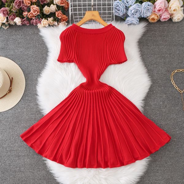 Pit stripe hollow round neck short sleeved knitted skirt A-line dress