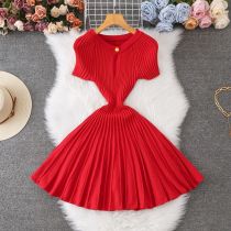 Pit stripe hollow round neck short sleeved knitted skirt A-line dress