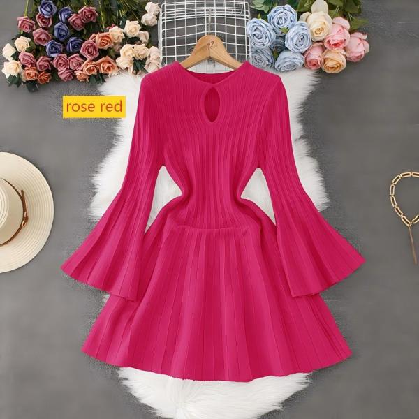 Horn sleeve knitted dress with hollow waist and pleated skirt