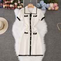 Pocket Polo Collar Single breasted Knitted Dress