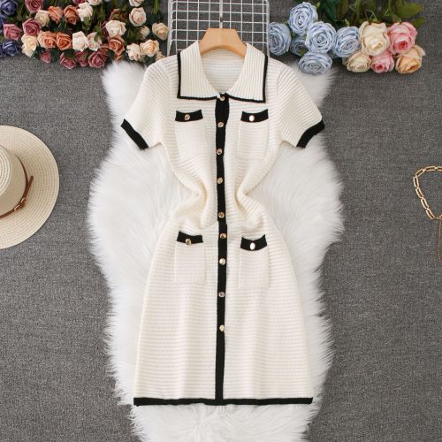 Pocket Polo Collar Single breasted Knitted Dress