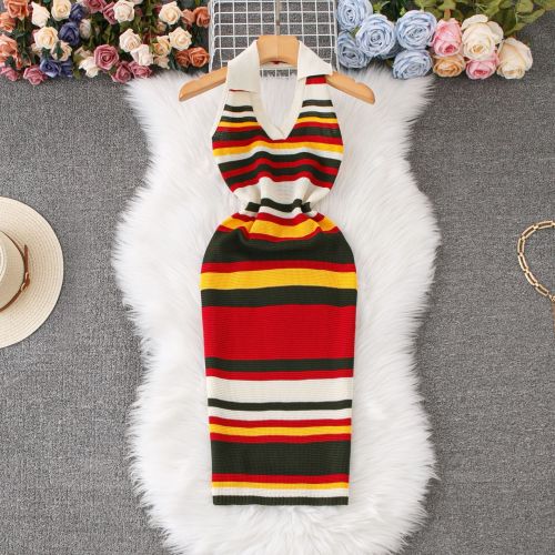 Polo collar hanging neck backless rainbow striped dress sleeveless knitted vest skirt