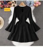 Horn sleeve knitted dress with hollow waist and pleated skirt
