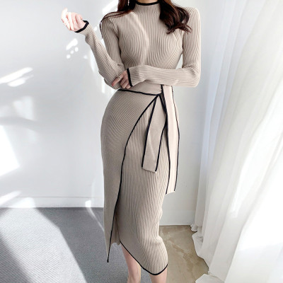 Lace up long sleeved hip hugging split knit skirt