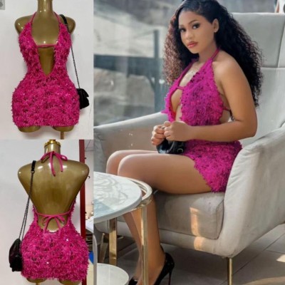 Strap deep V-neck backless short skirt