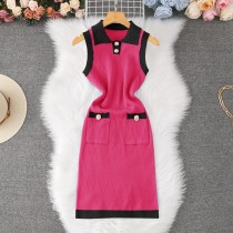 Polo collar knitted skirt with hip hugging plaid vest skirt