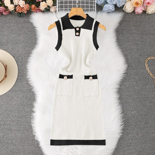 Polo collar knitted skirt with hip hugging plaid vest skirt