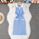 Polo collar knitted skirt with hip hugging plaid vest skirt