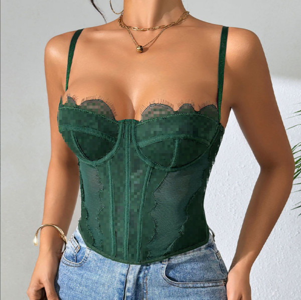 Gather fishbone corset, lace lace, see through camisole vest