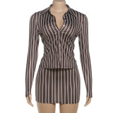 Striped long sleeved slim fit lapel hip hugging short skirt set