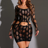 Large size long sleeved erotic mesh dress bag with hip hollow out skirt