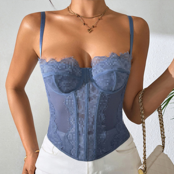 Gather fishbone corset, lace lace, see through camisole vest