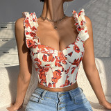 V-neck printed top with chest cushion and fishbone strap