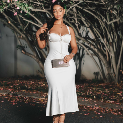 Strap solid color fishtail skirt sleeveless one neck long dress