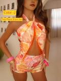 Neck hanging top, shorts, hip hugging short skirt set