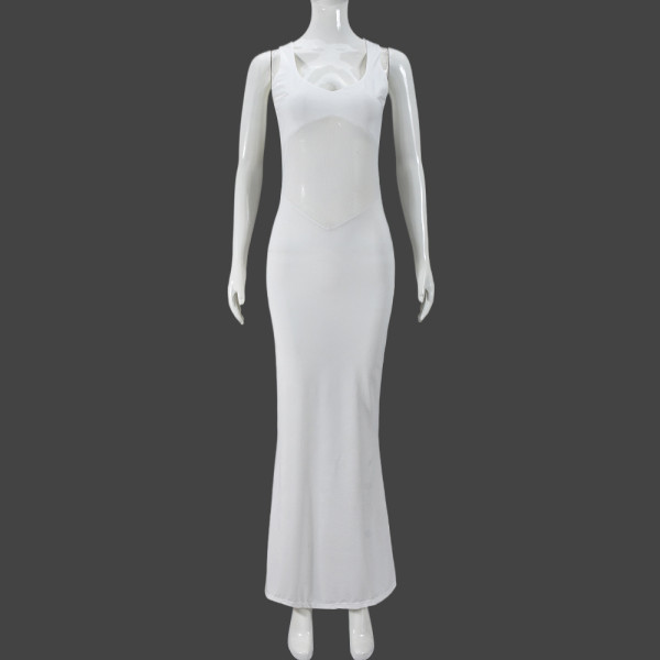 Splicing mesh dress V-neck long see through one-step skirt