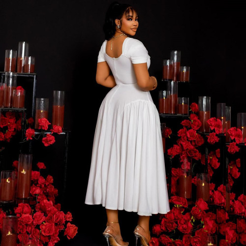 Pleated A-line skirt V-neck short sleeved slim fit backless long dress