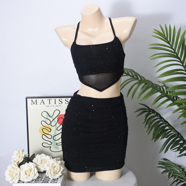 Strap wrapped chest skirt with lace up hollow two-piece set